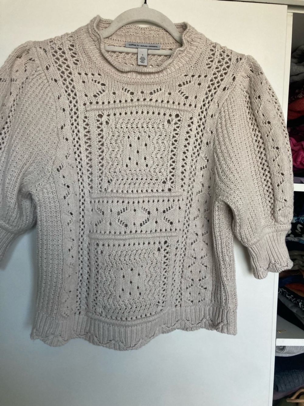 Autumn Cashmere Cream Openwork Crewneck Sweater with Puff Sleeves